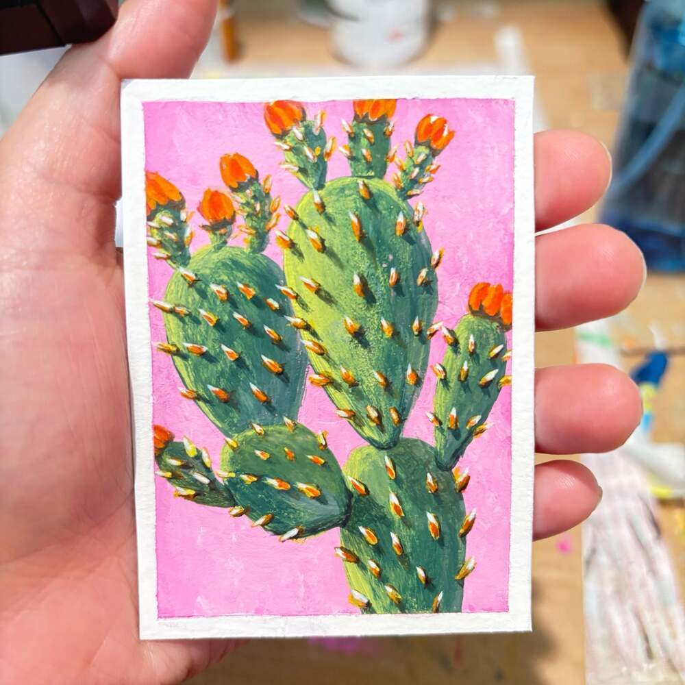 Aceo Original Cactus Gouache Mini Art‎